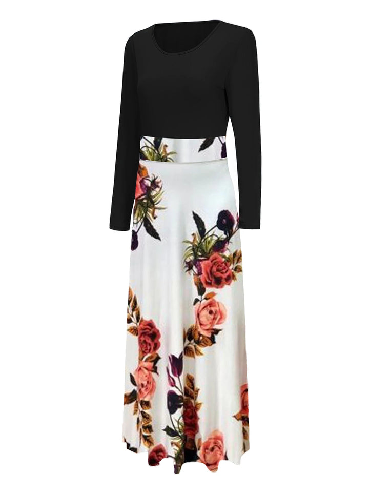 Chic Floral Maxi Dress - Casual Fit &amp; Flare with High-Waist Design, Long Sleeves, and Easy Care Knit for Women
