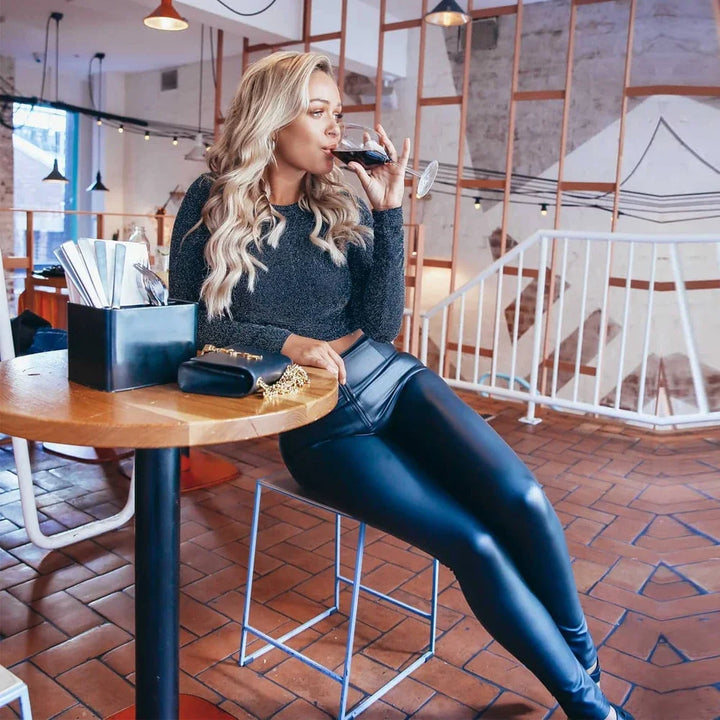 Shascullfites High Waisted Faux Leather Pants Stretch Blue Leather Jeans Plain Trousers Latex Leggings Women Lifting Hip Pants
