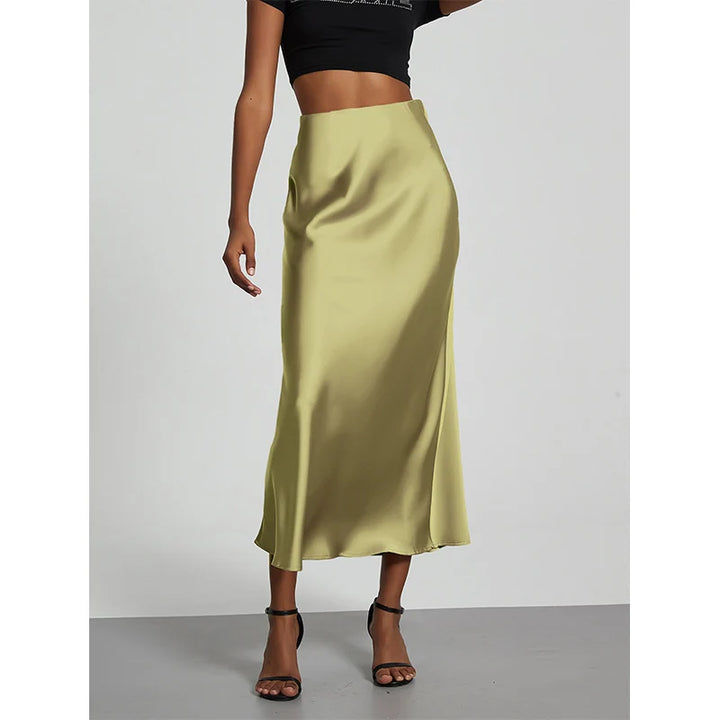 Minimalist Satin Midi Skirt  High Waist Bias Cut Flowy Hem Top for Office &amp; Casual Streetwear