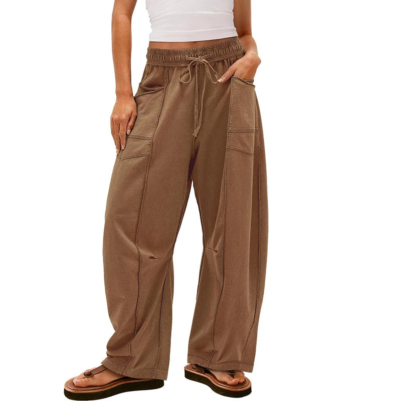Fashion Women Casual Loose Wide Leg Pants Women Solid Color High Waist Drawstring Long Trousers Jogging Sportswear
