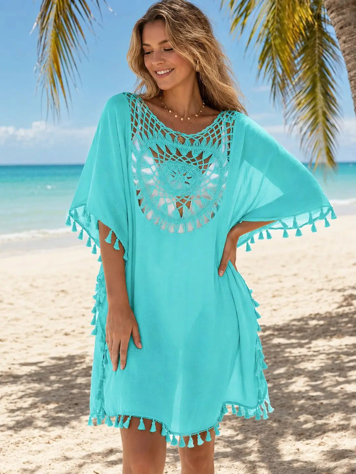 Women Crochet Tassel Beach Cover Up Hollow Out Batwing Sleeve Swim Cover Dress Boho Bikini Swimsuit Cover Up for Vacation