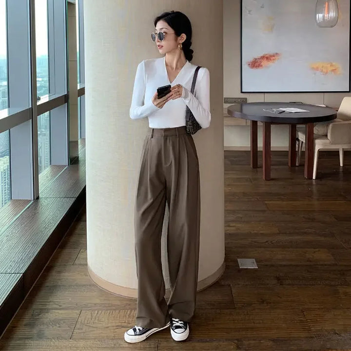 Straight Leg Brown with Pockets Trousers for Woman Black High Waist Tailoring Office Clothing Work Women&