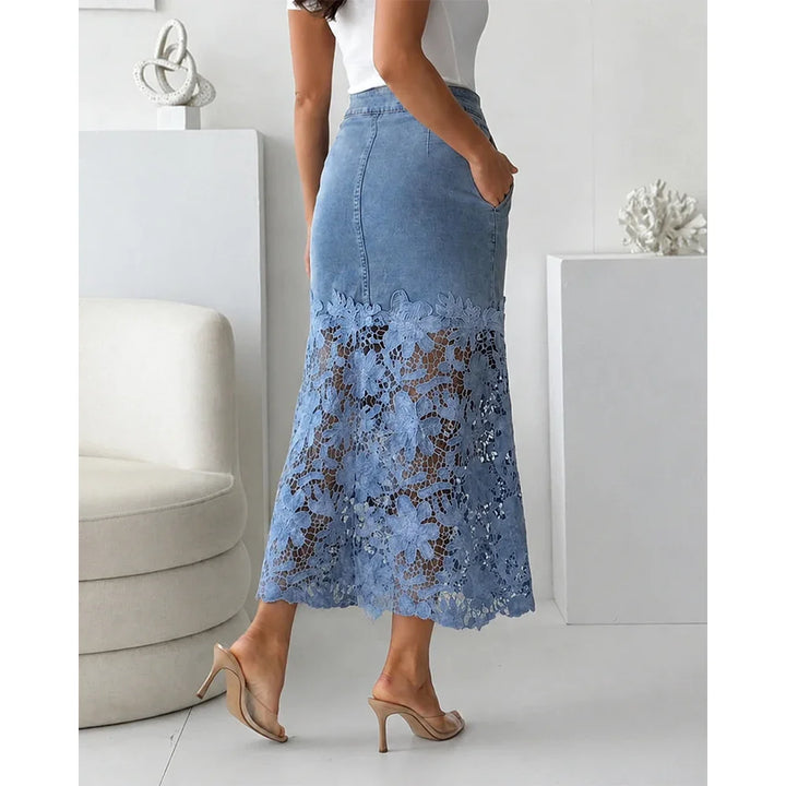 Women Light Wash Denim Midi Skirt High Waist Floral Hollow Lace Patchwork Split Hem A Line Long Jean Skirt Summer Casual