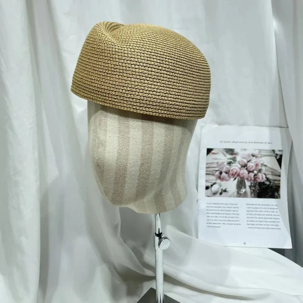 Women Elegant Straw Pillbox Hat Fedoras Classic Fedora Hat Teardrop Simple Painter Hat Beach Visor