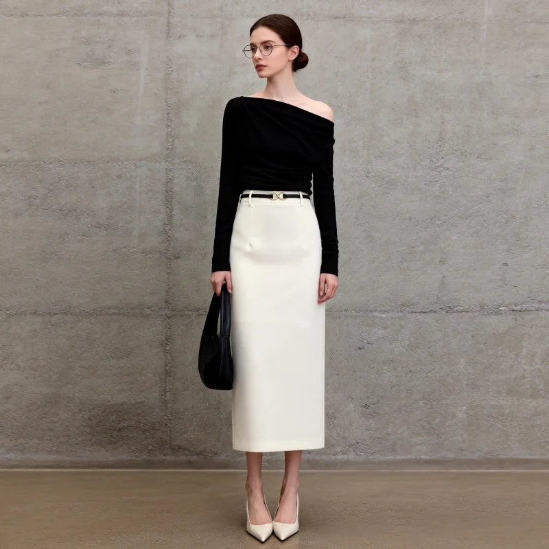 White Elegant High Waist Straight Midi Skirts Women 2026 New Black OL Ladies Jupe Femme