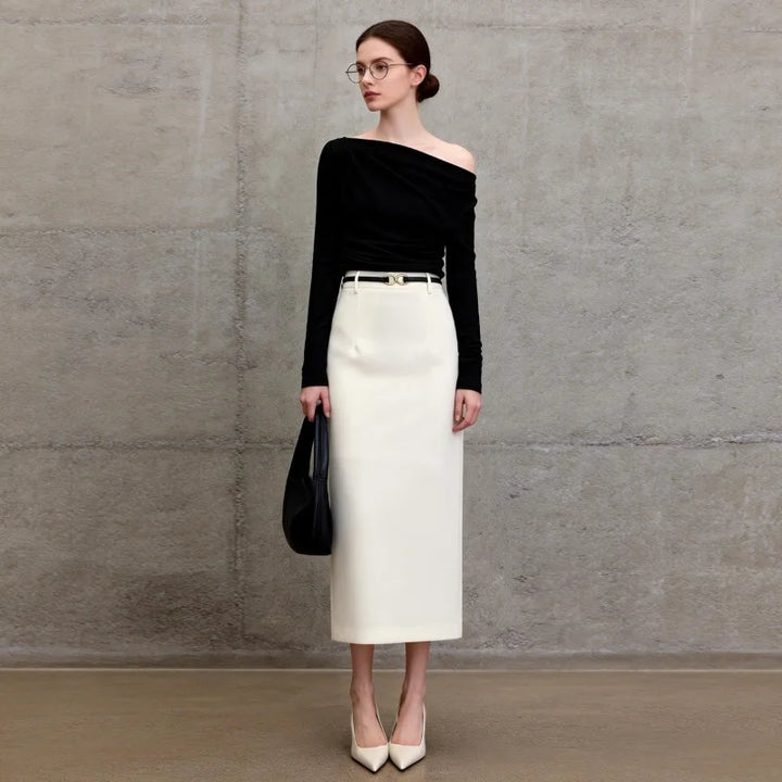 White Elegant High Waist Straight Midi Skirts Women 2026 New Black OL Ladies Jupe Femme