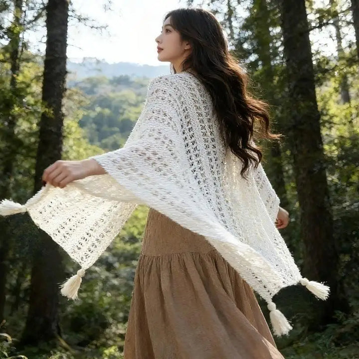 Summer Mesh Lace Beach Cover-Up with Tassels Elegant Sun Protection Shawl for Women