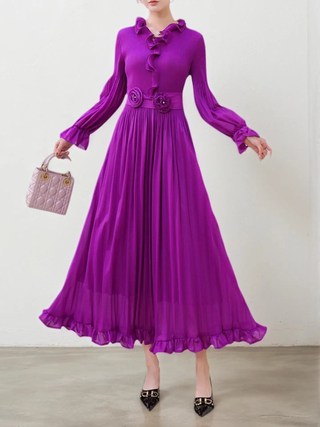 Elegant pleated fitted long dress for women with ruffled trim, luxurious evening gown, new style for Spring/Summer 2026.