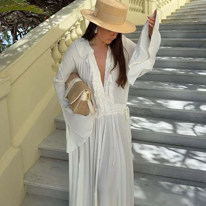 Elegant White Ruffles Maxi Dresses Women Fashion Loose V-Neck Lace-Up Long Robes Female Casual Vacation Birthday Party Vestidos