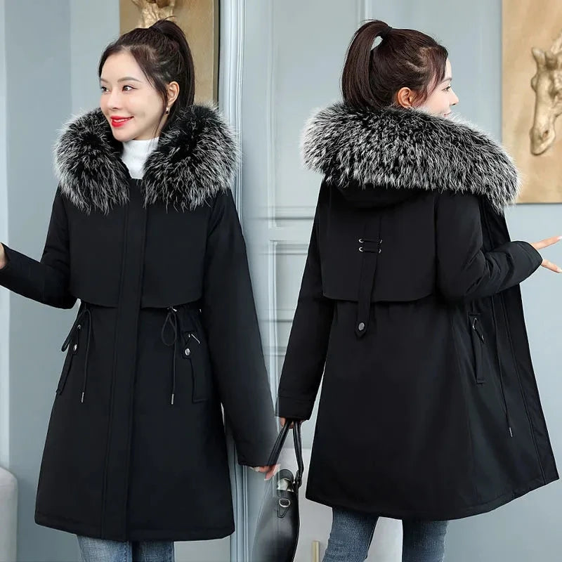 2026 New Women Winter Jacket 8XL Slim Long Coat Casual Parkas Big Fur Collar Wool Liner Hooded Outwear Cotton Warm Coats Female