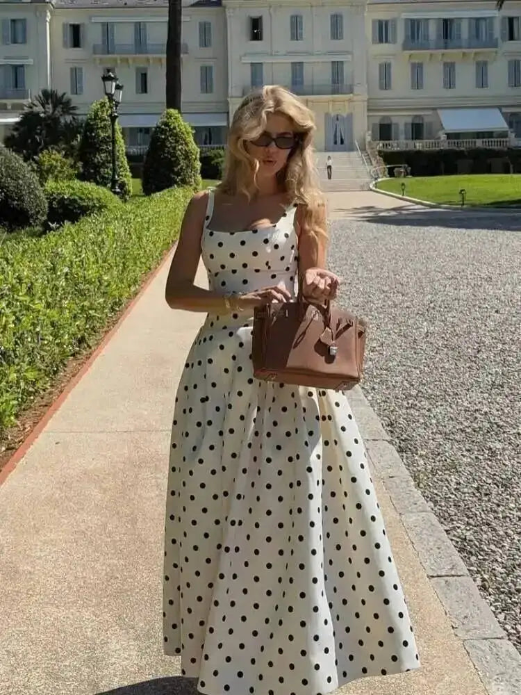 Polka Dot Maxi Dresses Women Elegant Square Neck Lotus Hem Long Gowns Chic Lady Sleeveless High Waist Cinched Summer Robes P3EP