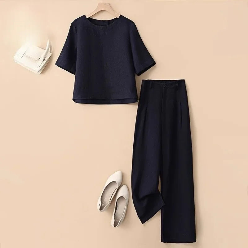Women Casual Summer Linen Short Sleeve Top High Waist Wide Leg Pants Two Piece Set Daily Outdoor Wear S-XXL