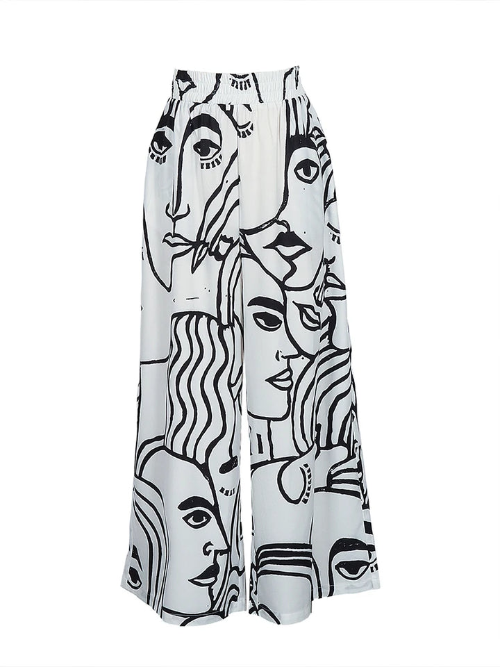 Women Plus Size Wide Leg Pants Elastic High Waist Loose Fit Abstract Print Pants Casual All-Season Trousers Female Streetwear