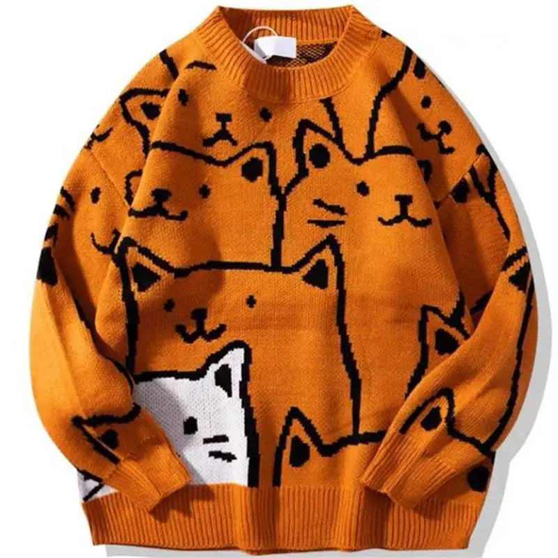 Cartoon Cat Knitted Sweater Men Japanese Retro Harajuku Knitwears Pullover Autumn Winter Jumper Knit Oversized Vintage Sweater