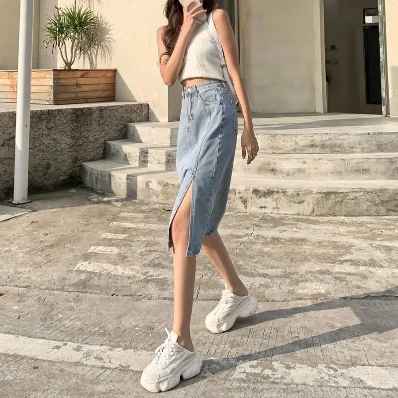 Female Jeans Skirts Midi Blue High Waist With Slit Women&