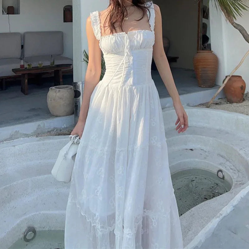 White Square Collar Maxi Dress for Women Fashion Ruffles Lace-Up High Waisted Long Dresses Summer Holiday Suspender Beach Dress