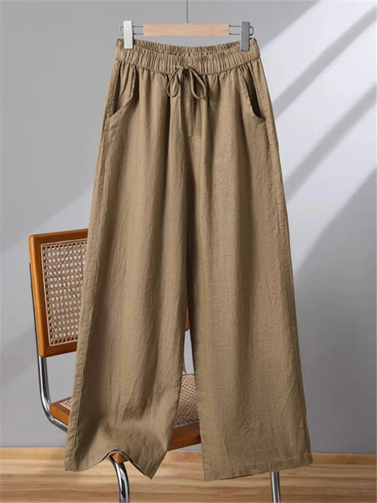 Linen Wide Leg Pants Women Summer Thin Loose Mom Small Size Big Size Casual High Waist Korean Sle Straight Tube Nine Points
