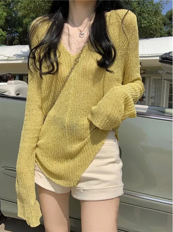 Lightweight V-Neck Knitted Top for Women Spring Summer Loose Fit Sun Protection Yellow Color Commute Style Korean Version