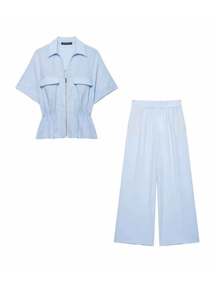 Women Light Blue 2-Piece Set Lapel Zipper Short Sleeve Cropped Shirt + Elastic Waist Wide Leg Pants Casual Office Lady Suit