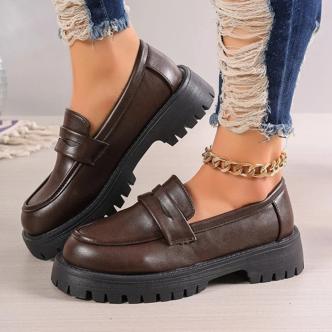 Casual Platform Loafers Woman 2025 British Style Black Brown PU Leather Shoes for Women Comfort Slip On Flats Plus Size