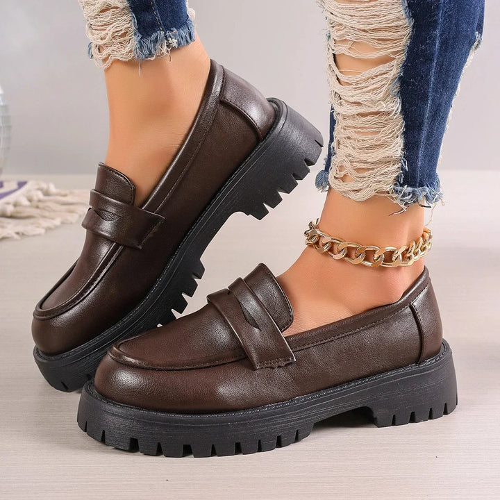 Casual Platform Loafers Woman 2025 British Style Black Brown PU Leather Shoes for Women Comfort Slip On Flats Plus Size