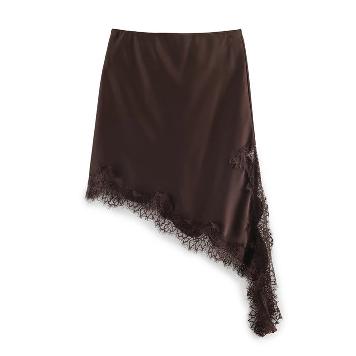 Summer Satin Lace Mini Skirt Women Elegant Irregular Lace Trim MIni Skirt Vintage Elastic Waist Flowy A Line Mini Skirts Y2k