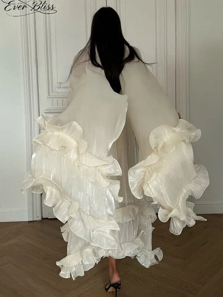 Off-White Cape Sleeve Maxi Dress Women Stand Collar Tiered Ruffle Hem Formal Evening Gown 2026