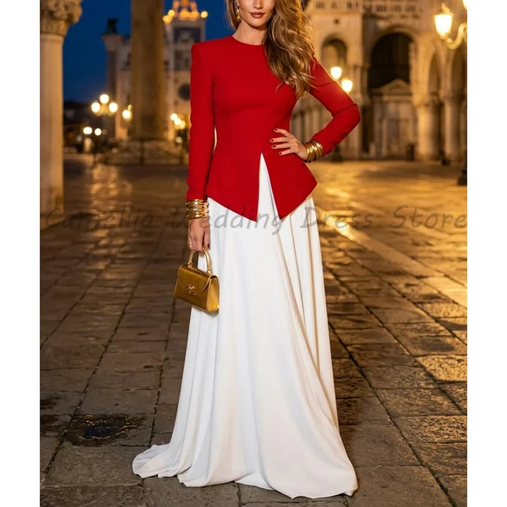 Red White Two Piece Maxi Prom Dress Round Neck Long Sleeve Peplum Top Chiffon Skirt Mother Of Bride Evening Gown