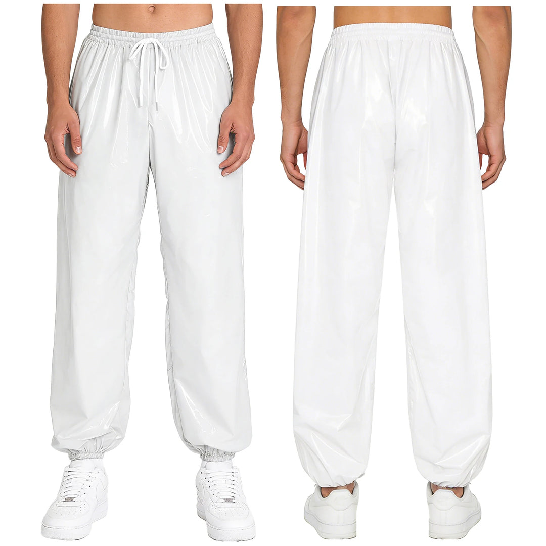 Mens Waterproof Jogger Pants Wet Look Drawstring Elastic Waistband Loose Track Pants Workout Cycling Motorcycle Biker Trousers