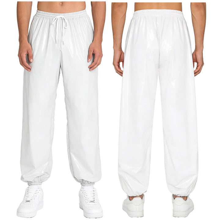 Mens Waterproof Jogger Pants Wet Look Drawstring Elastic Waistband Loose Track Pants Workout Cycling Motorcycle Biker Trousers