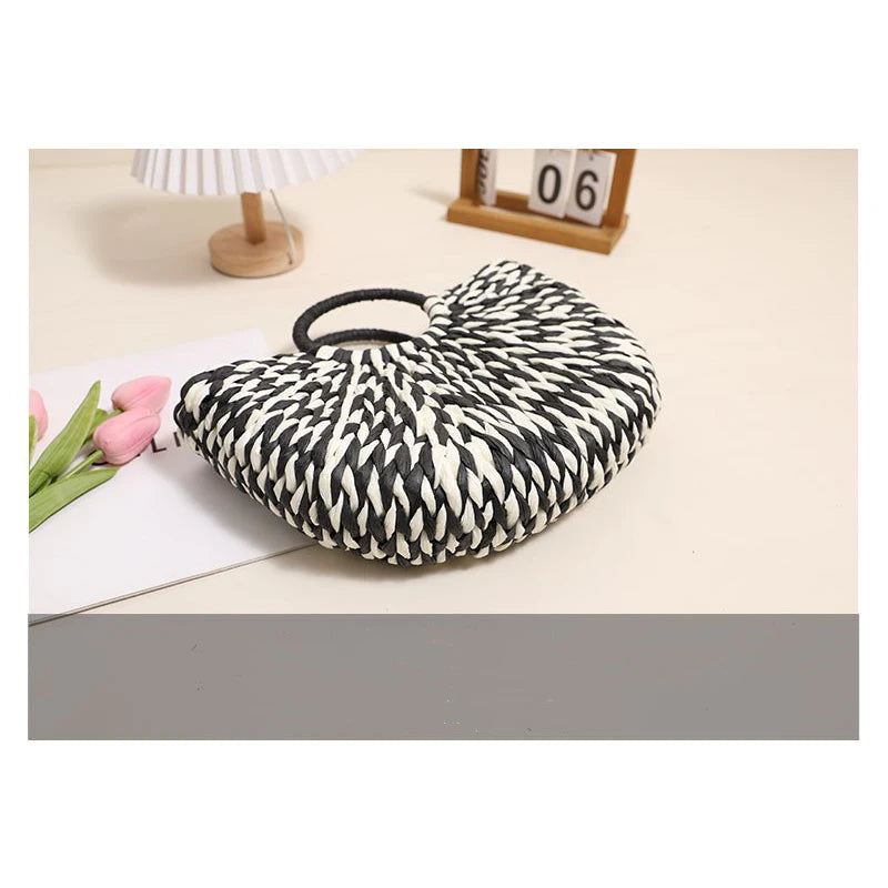 TOPHIGH Women Straw Tote Bag Large Capacity Luxury Designer Woven Bag Color Clash Semicircle Weaving Bag Summer Beach Handbag