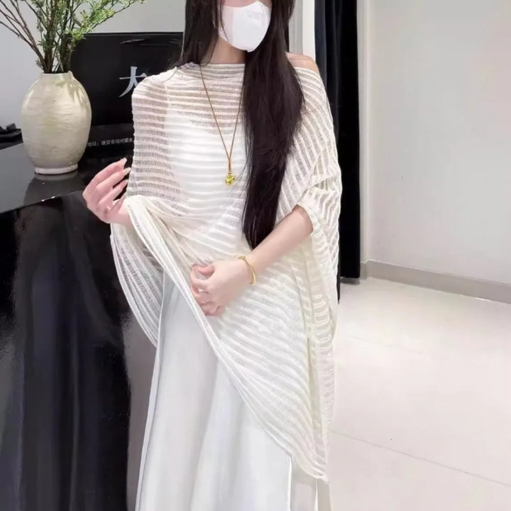 Stripe Patchwork Crochet Hollow Top Transparent Thin Sunscreen Cover Up Loose Irregular Beach Cloak Summer