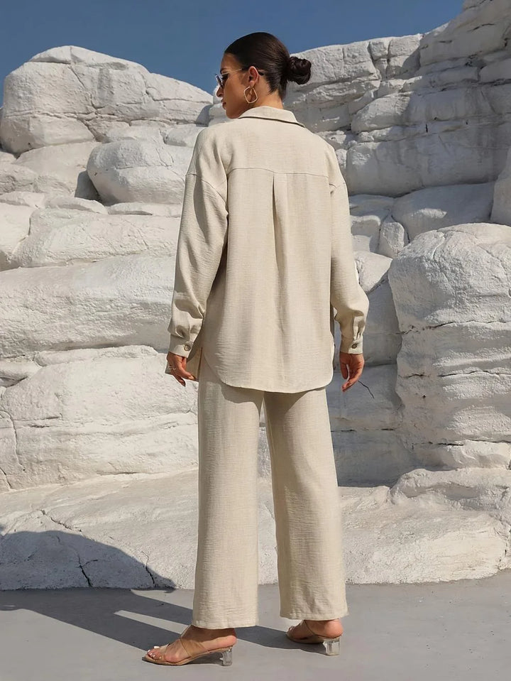 Women Linen 2 Piece Outfit Set Lapel Long Sleeve Button Down Shirt Elastic Waist Wide Leg Pants Casual Loose Matching Suit Vacat