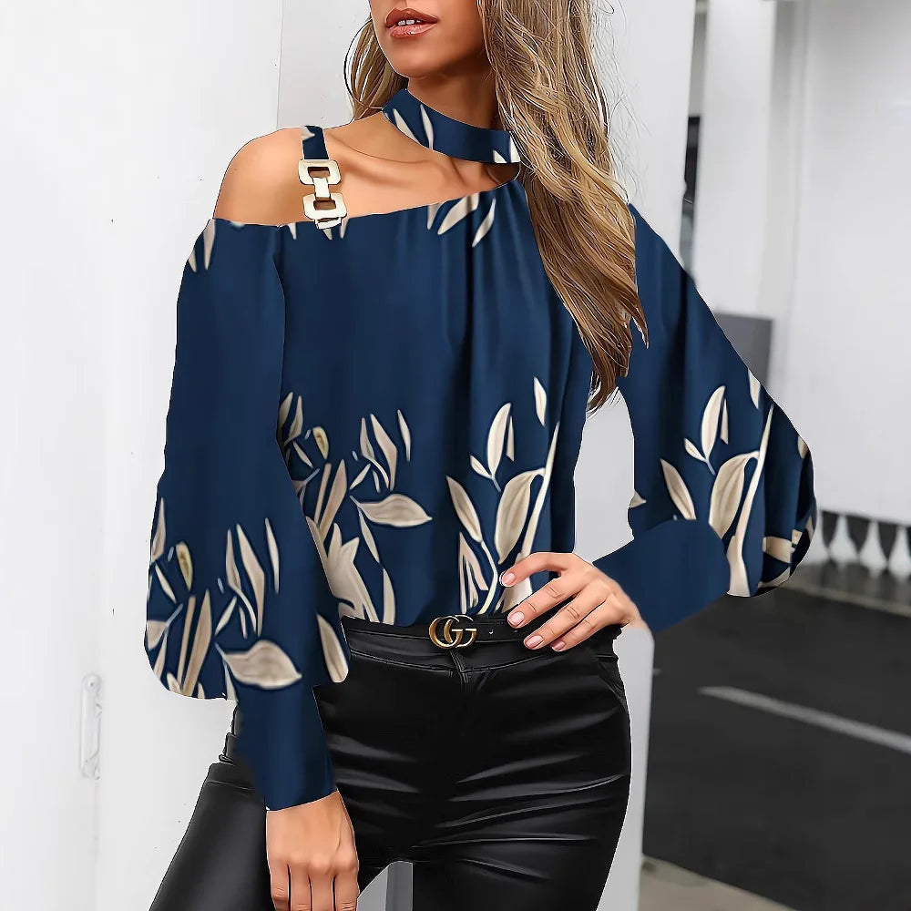 Chic Off-Shoulder Long Sleeve Top with Floral Print &amp; Metal Buckle Detail – Stylish for Casual Office
