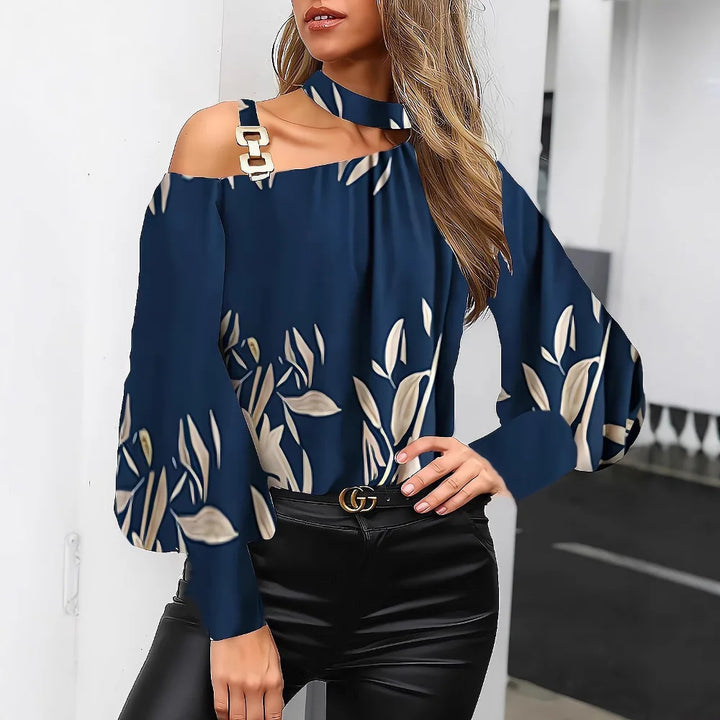 Chic Off-Shoulder Long Sleeve Top with Floral Print &amp; Metal Buckle Detail – Stylish for Casual Office