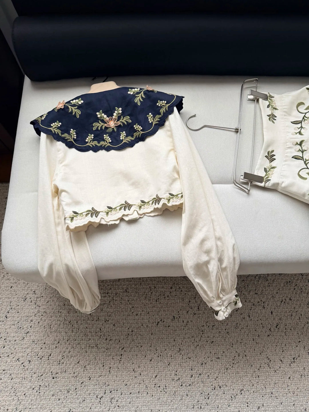 Women 100% Linen 2 Piece Set Heavy Embroidery Detachable Collar Lantern Sleeve Shirt tops &amp; High Waist Casual Shorts
