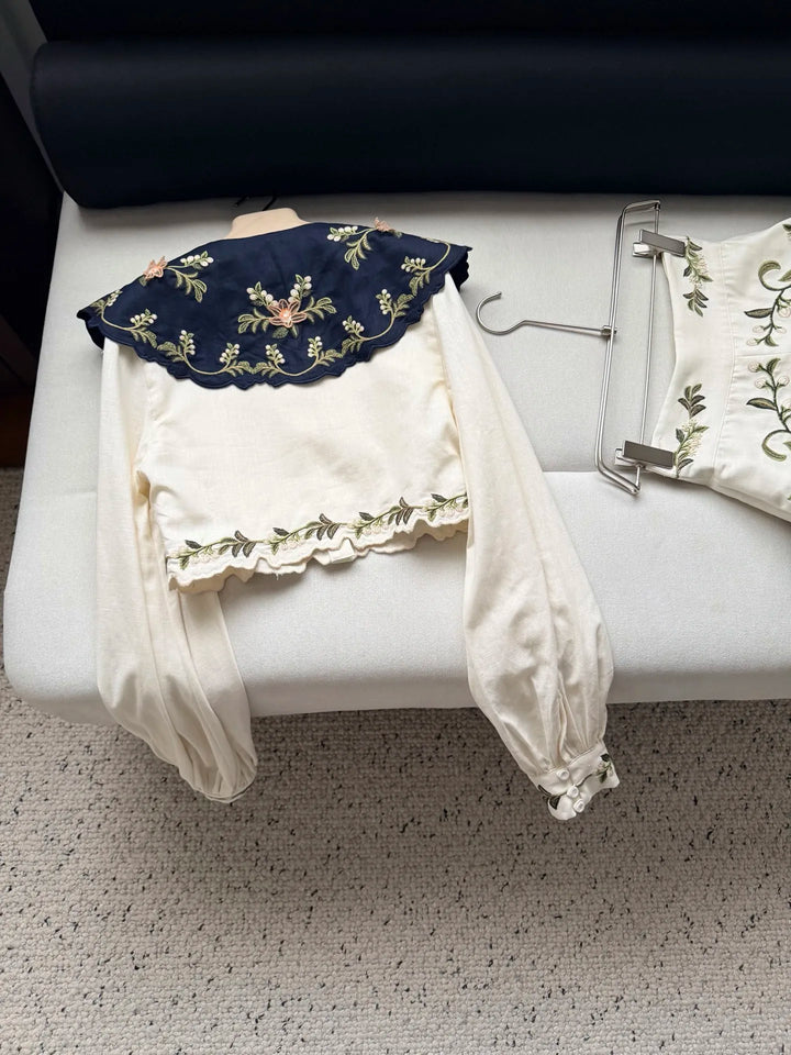 Women 100% Linen 2 Piece Set Heavy Embroidery Detachable Collar Lantern Sleeve Shirt tops &amp; High Waist Casual Shorts