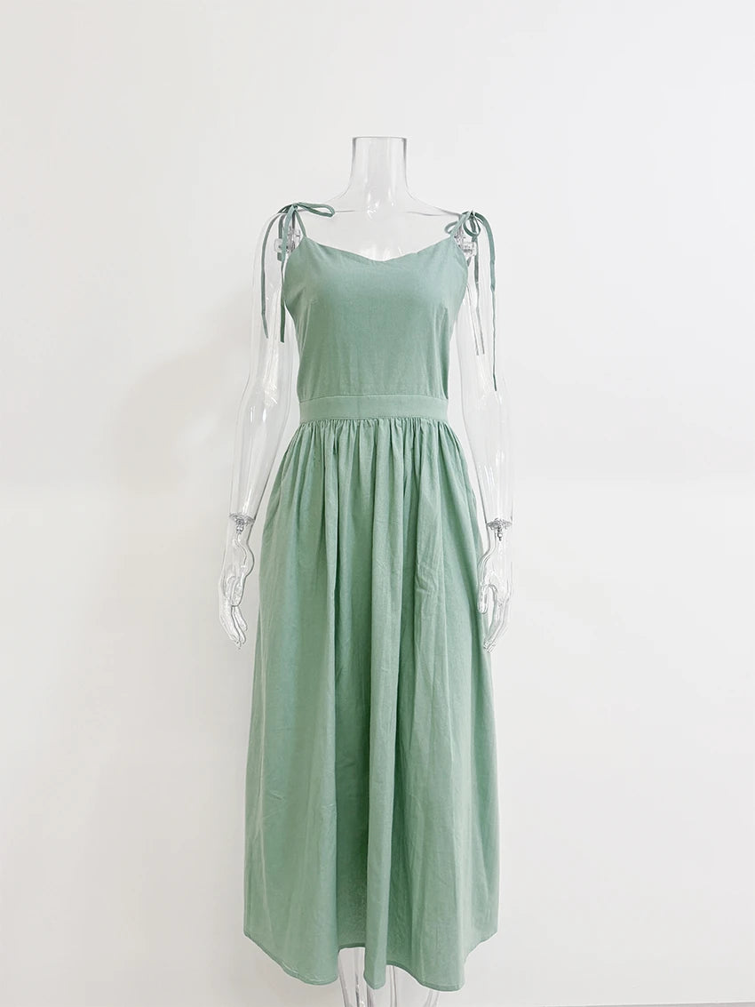 WXOY Cotton Backless Maxi Dress French Style Spaghetti Strap Solid Color Elegant Holiday Sleeveless Sundress Vacation Outfit