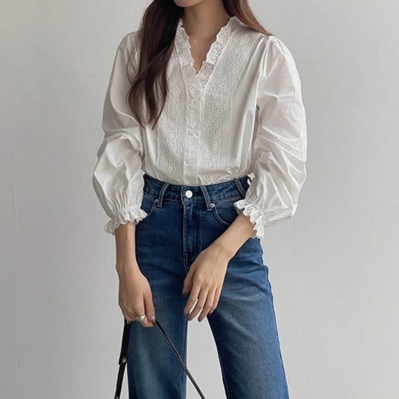 Vintage V-neck Lace Shirt Women&