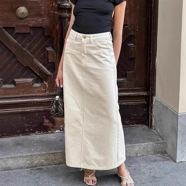 Beige Straight Denim Skirt High Waist Utility Style Side Slit A-Line Mid Length French Vintage Skirt for Women Fall 2025
