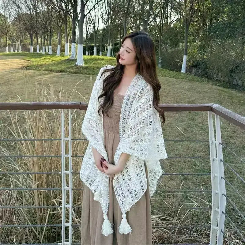 Summer Mesh Lace Beach Cover-Up with Tassels Elegant Sun Protection Shawl for Women