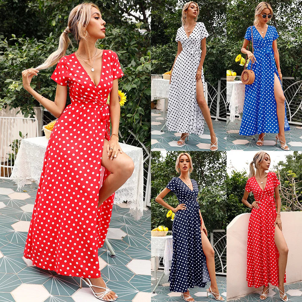 Colorful Polka Dot Printed Maxi Dresses Women Summer V-Neck Short Sleeved Slit Long Dress Robe