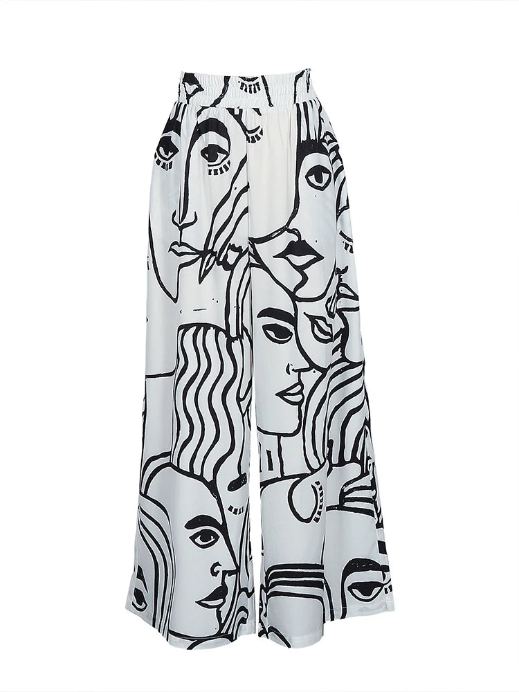 Women Plus Size Wide Leg Pants Elastic High Waist Loose Fit Abstract Print Pants Casual All-Season Trousers Female Streetwear