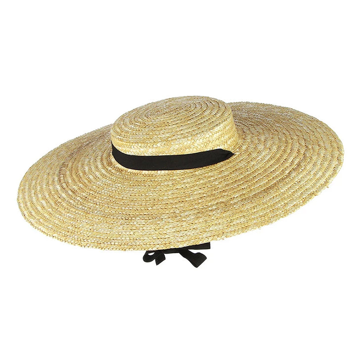 Wide Brim Straw Hat For Women Long Ribbon Ladies Beach Hat Summer Sun Visor Cap Flat Top Large Brim Tie Straw Straw Hat
