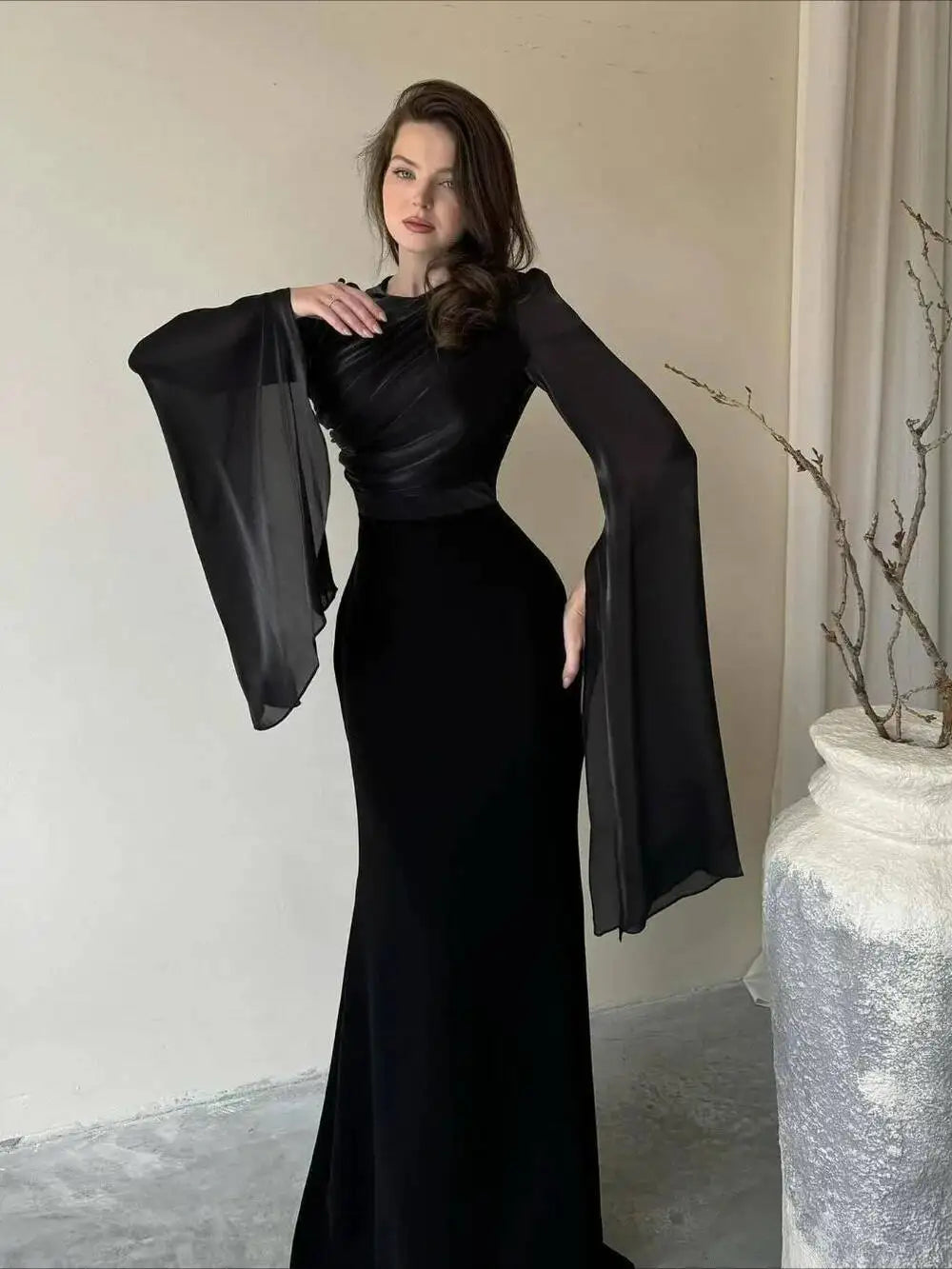 Fashion Satin Solid Maxi Dresses for Women Temperament O Neck Batwing Sleeve Slim Evening Dress Elegant High Grade Ladies Dress