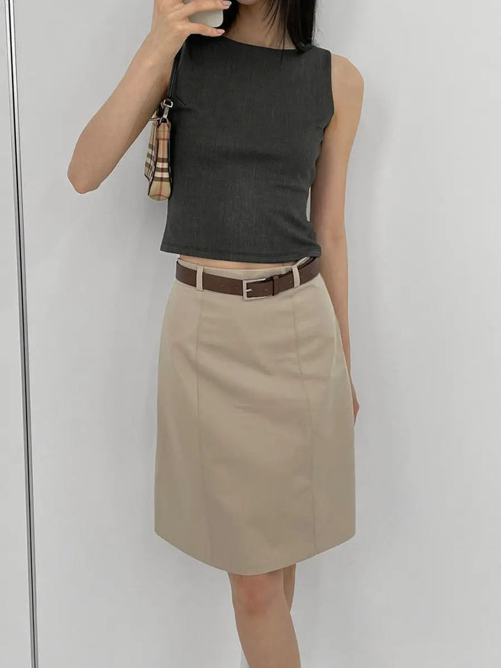 Solid Color Midi Skirts for Women Summer Casual Suit A-line Knee Length Skirt