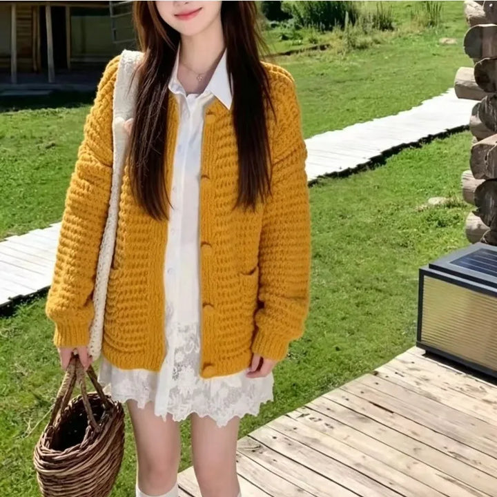 Women Knit Cardigan Long Sleeve Button Down Loose Casual Outerwear With Pockets
