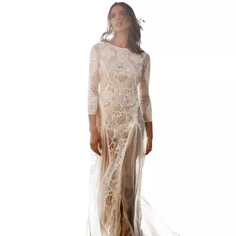 White Lace Maxi Dress Women Long Sleeve Hollow Out Backless Elegant Party Wedding Evening Gown Robe Female Clothing