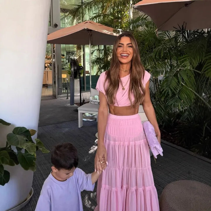 Summer Y2K Chic Pink Crop Top High Waist Layerred Ruffle Maxi Skirt with Shorts Set Outfits Elegant Women Skirt 3 Piece Set