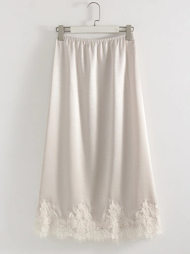 Streamgirl Midi Lace Satin Skirts Women Spring Summer High Waist Straight Burgundy Skirts With Lace For Women Office Wear Skirt